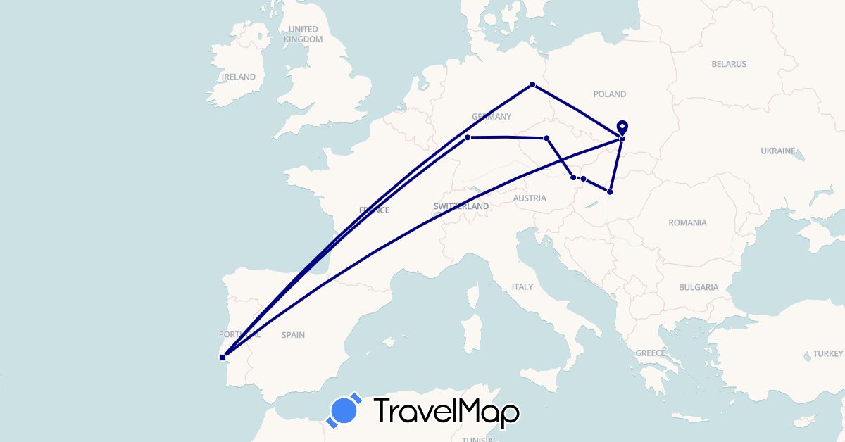 TravelMap itinerary: driving in Austria, Czech Republic, Germany, Hungary, Poland, Portugal, Slovakia (Europe)